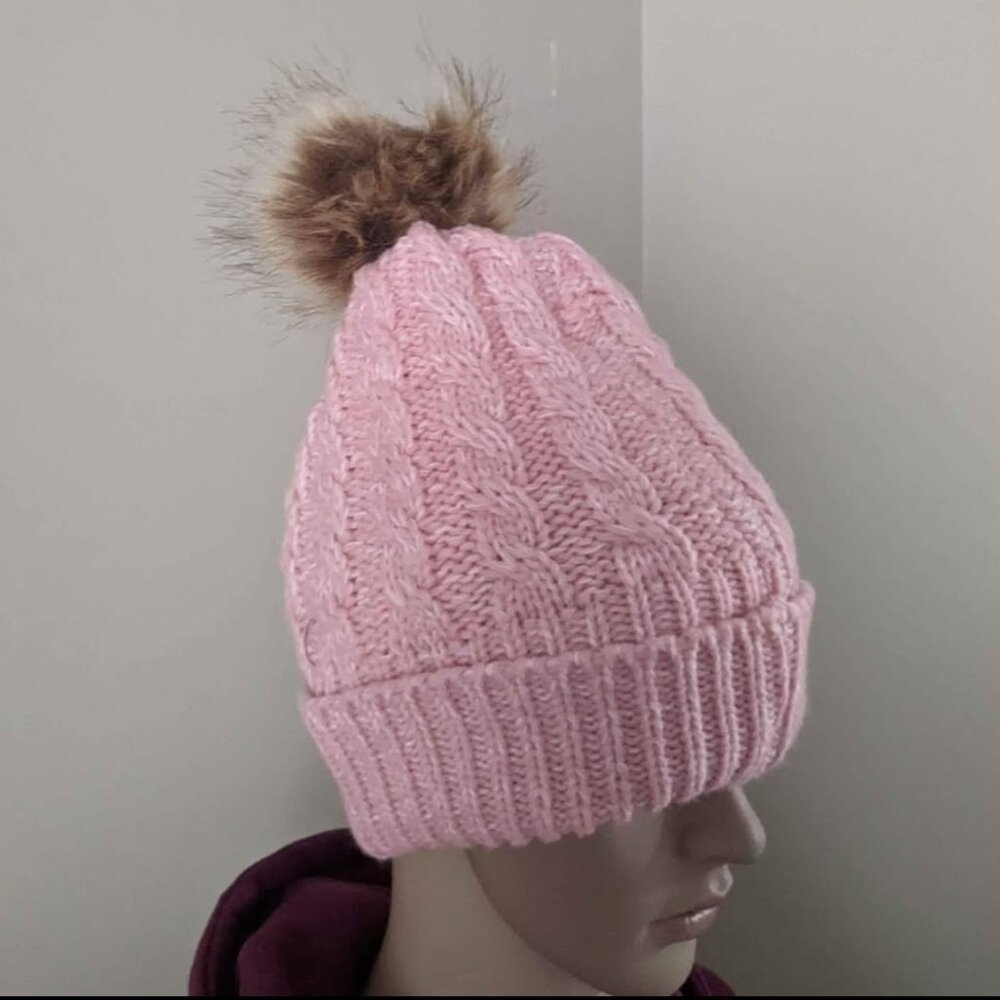 Cable knit pink beanie with pom pom hat